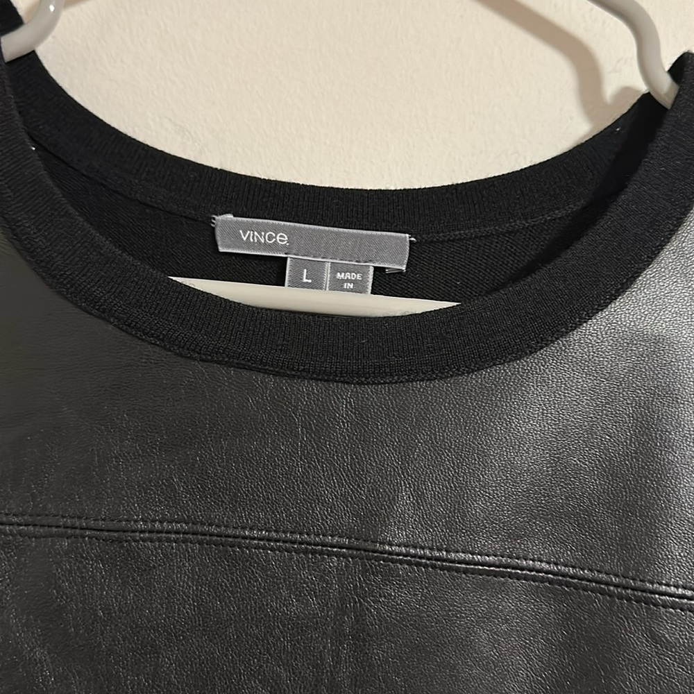 VINCE 100% lamb Leather front patch Shift mini 100% wool combination Dress L - Picture 3 of 6